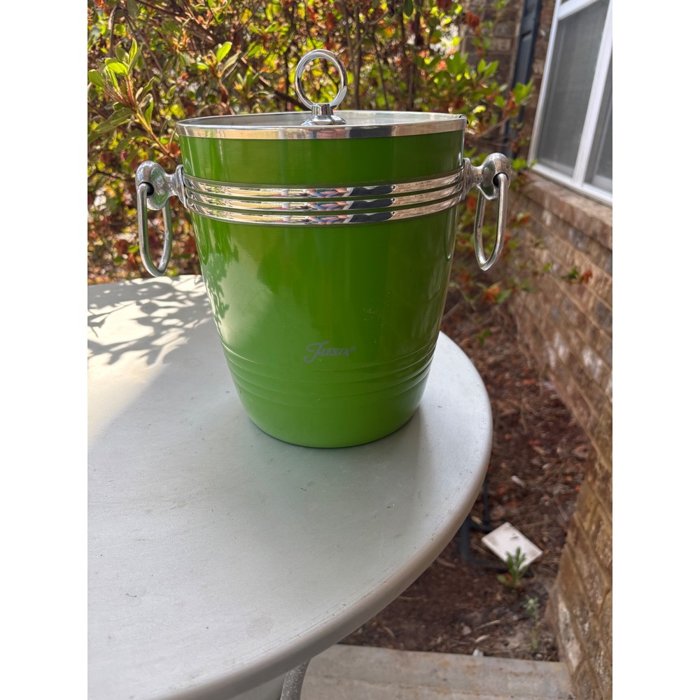 Fiesta Lime Green Insulated Ice Bucket with Lid and Silver Ring Handles MCM